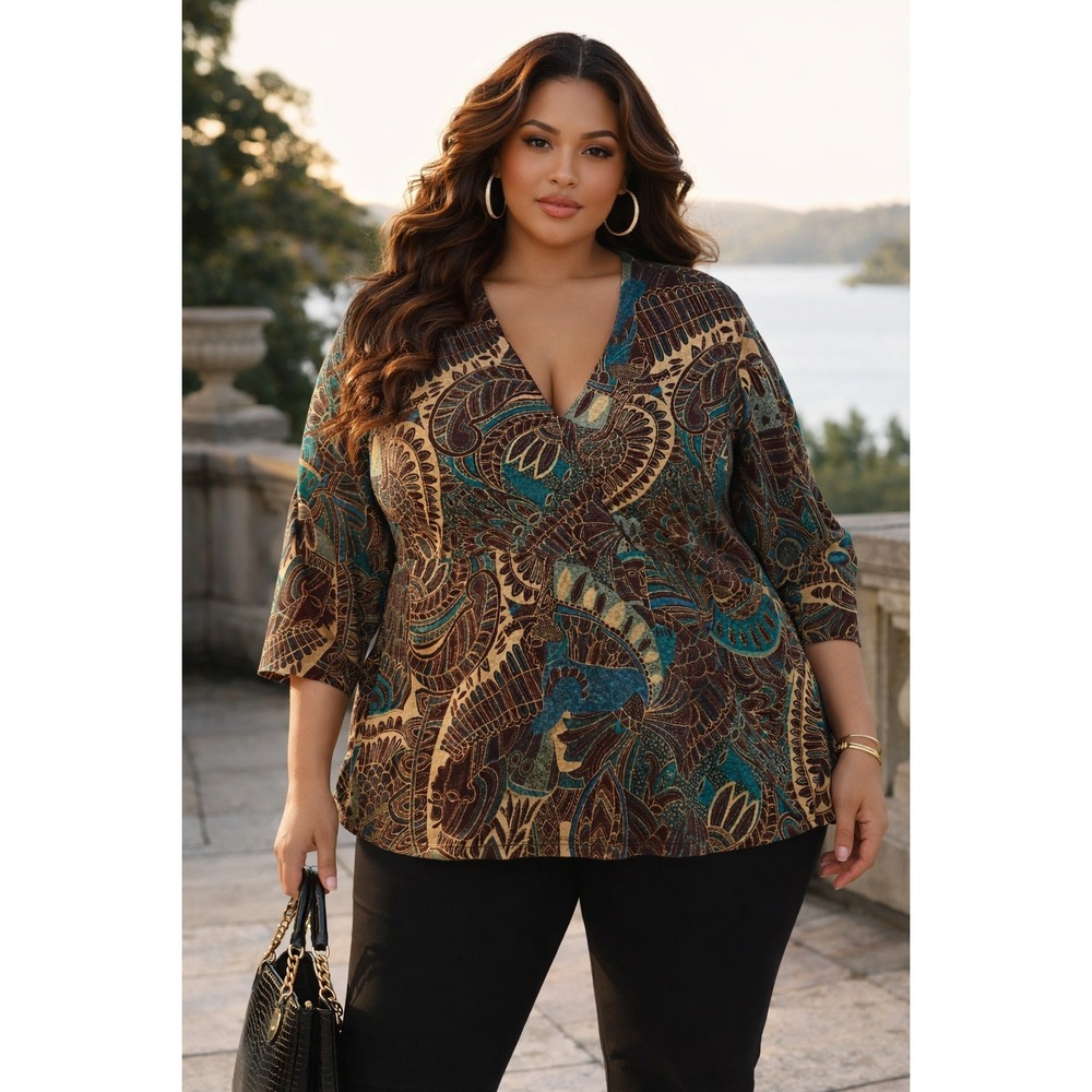 East 5th Ave Top Womens 3X‎ Brown Teal Boho Paisley Abstract Artsy Chic Retro